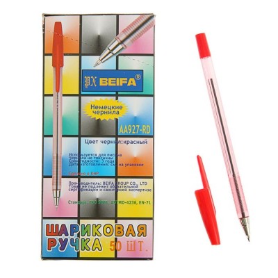 Ручка BEIFA шариковая красная 927прозрач корп.метал.након.0,7мм (50шт/уп)